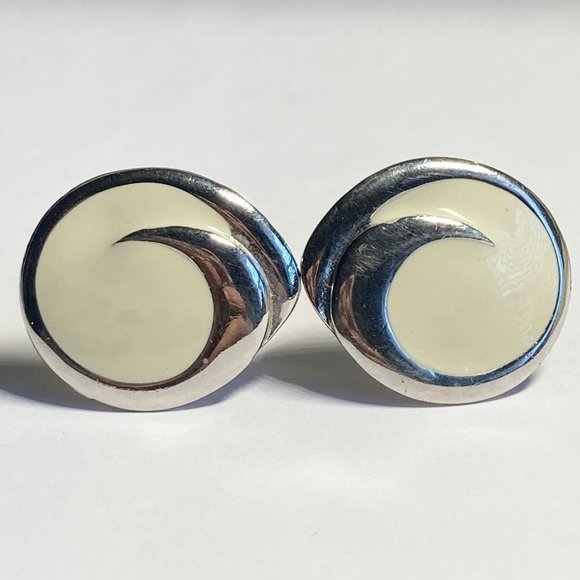Vintage Cream Enamel Swirl Clip On Earrings 80s 90s Silver Rhodium Plated - Picture 2 of 10